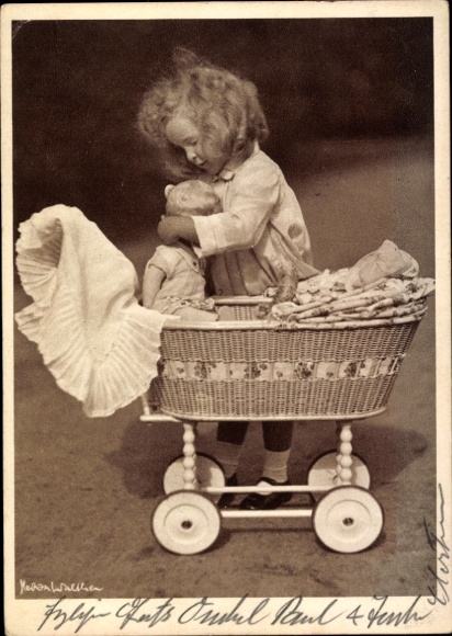 Postcard girl with doll, doll carriage