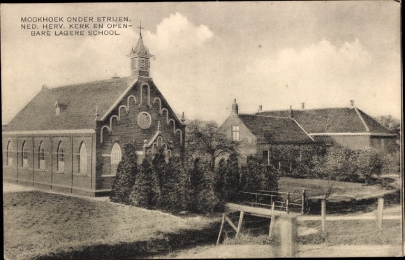 Ak Mookhoek Strijen Südholland Niederlande, Ned. Herv. Kirche, offene Grundschule, Mookhoek unter