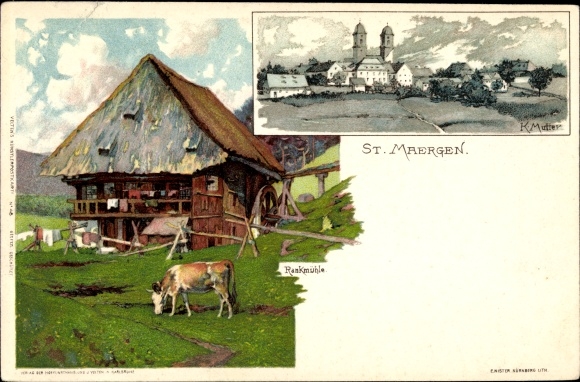 Artysta lito matka, K., St. Märgen BW, działka w Rankmühle, pasąca się krowa, dom Schwarzwaldu