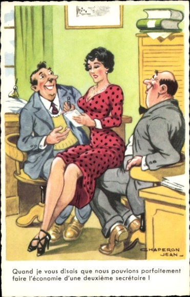 Artist Postcard Chaperon, Jean, secretary sitting on the knees of two men
