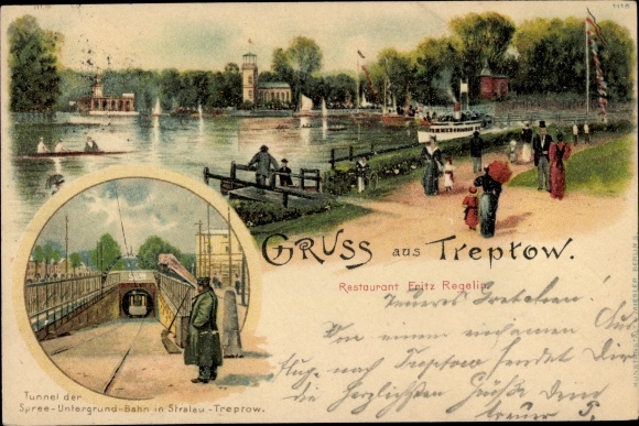 Chromo-Litho Berlin Treptow, Kaiser Wilhelmgarten, steamer landing stage, Spree subway tunnel