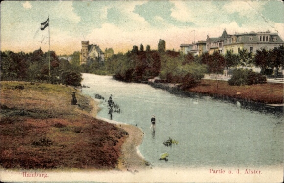 Postcard Hamburg Mitte Neustadt, Dammtor, waterway, houses, trees, flag, historical view