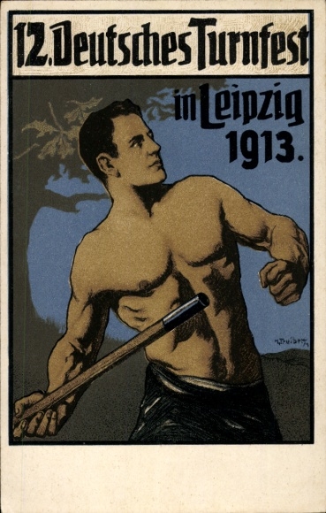 Artist Postcard Treiber, H., 12th German Gymnastics Festival in Leipzig 1913, javelin thrower