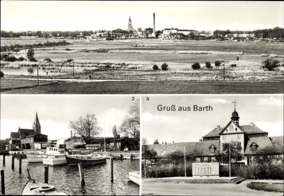 Postcard Barth on the Baltic Sea, panorama, Soviet memorial, port