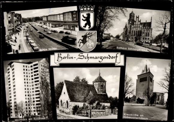 Postcard Berlin Wilmersdorf Schmargendorf, town hall, Kreuzkirche, village church, high-rise at Roseneck