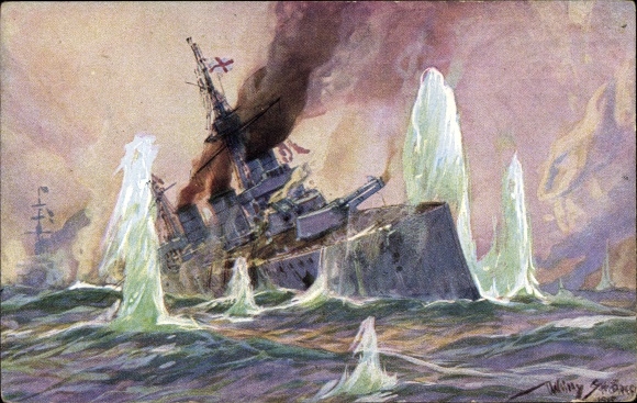 Artist PC Stöwer, Willy, Naval Battle North Sea 1915, English battle cruiser, German cruiser