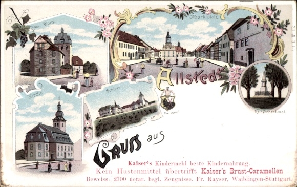 litho Allstedt in Saksen-Anhalt, kasteel, kathedraal, kerk, marktplein, oorlogsmonument, wapenschild