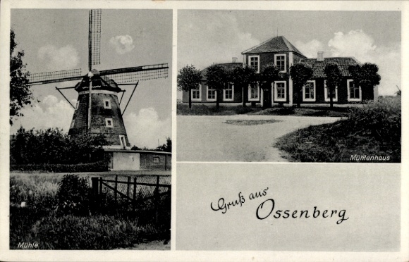 Ak Ossenberg Rheinberg am Niederrhein, Windmühle, Mühlenhaus