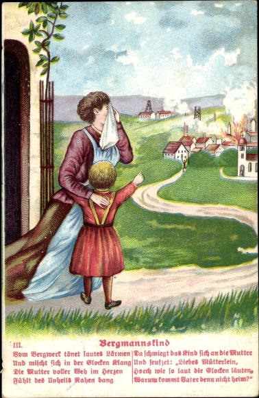 Song Embossed Postcard Bergmannslied, woman with child, loud noise from the mine, mine accident