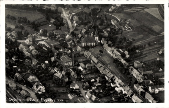 Postcard Grünhain in the Ore Mountains Saxony, aerial view of the village