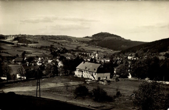 Postcard Geising Altenberg in the Ore Mountains, beautiful landscape, village view, hills in the background, hist...