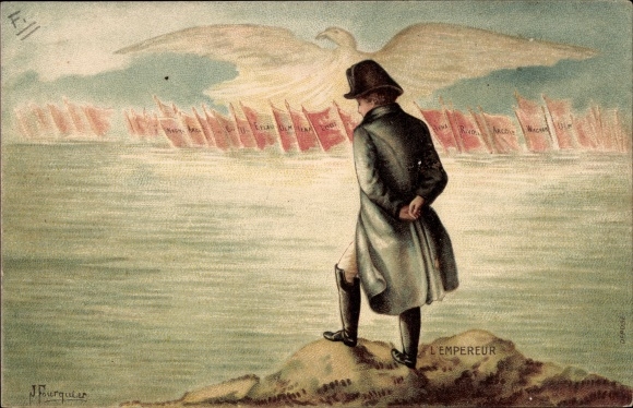 Artist PC Fourquier, Napoleon Bonaparte, eagle, flags with battles, Austerlitz, Wagram, Waterloo