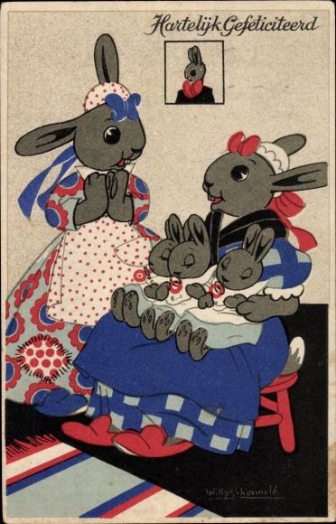 Artist Postcard Schermelé, Willy, congratulations, anthropomorphized rabbits, mother, children