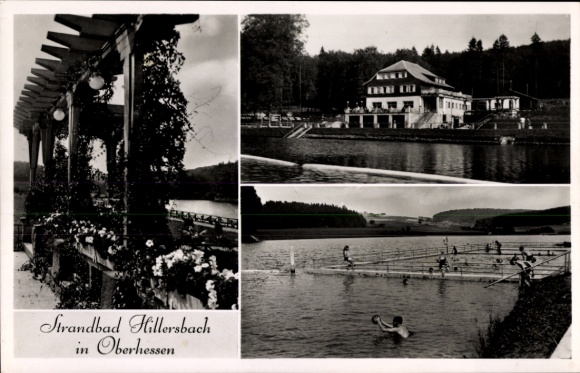 Postcard Homberg an der Ohm Oberhessen, Hillersbach beach, bathing area, building, swimmers