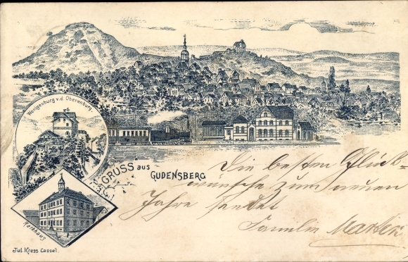 Chromo-Litho Gudensberg in Hesse, town hall, Wenigenburg vd Oberenburg, train station, view of the town