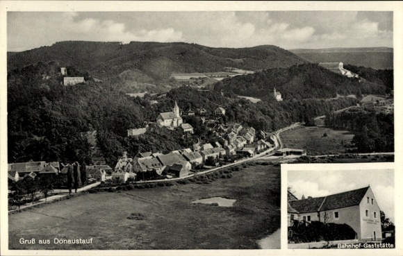 Postcard Donaustauf in the Upper Palatinate, general view, train station restaurant