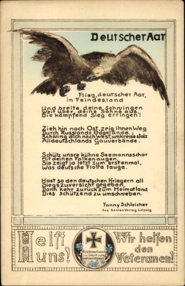 Poem Artist Postcard Fischer, A., Deutscher Aar, F. Schleicher, Help us, We help the veterans