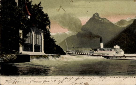 Postcard Sisikon Canton Uri, Tellskapelle on Lake Lucerne, Steamer City of Milan