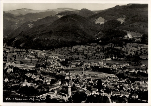 Postcard Wehr in Baden, aerial view of mountains in the background, city view, monochrome