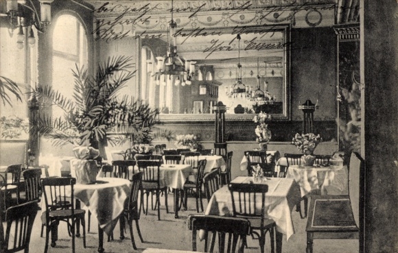 Postcard Hamburg Mitte Neustadt, Dammtor, Restaurant Metropole, tables, chairs, palm trees, mirrors, lighting...
