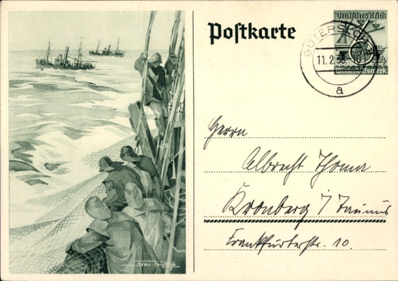 Postwaardestuk Ansichtkaart Axster Heudtlaß, vissers op volle zee, vissersboten
