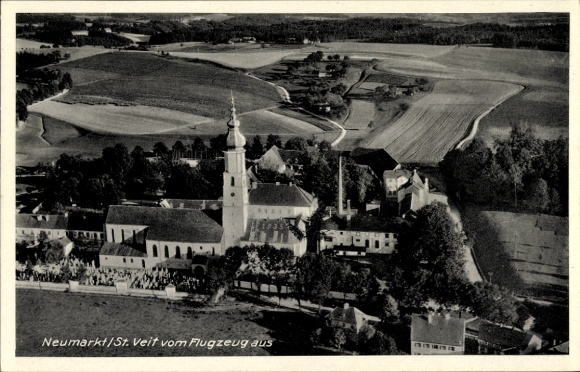 Postcard Neumarkt Sankt Veit an der Rott Upper Bavaria, aerial view of church, fields, trees