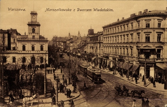 Postcard Warszawa Warsaw Poland, Marschallstraße, Wiener Bahnhof, tram line 3