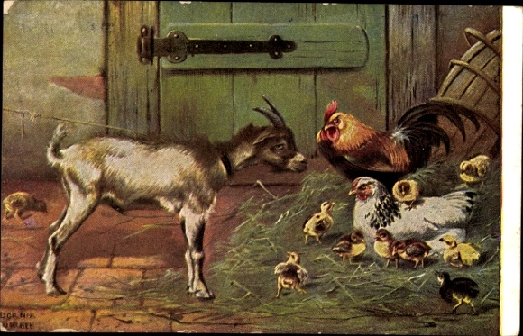 Kunstenaar Ak Dorno, Kippenfamilie en een bokje, P. Sluis, Pluimvee en Vogelvoeder, Amsterdam