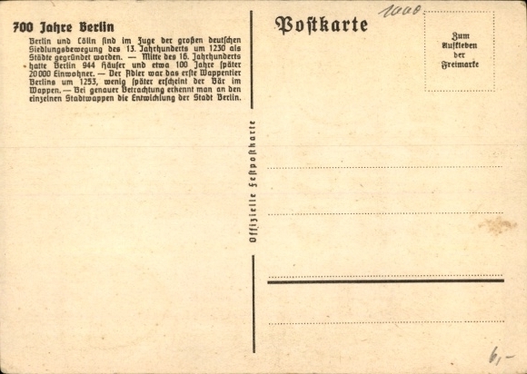 Coat of arms Postcard Berlin, 700th anniversary, city coat of arms since 1253 to 1937, Berlin bear