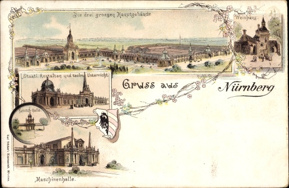 Chromo-Litho Nuremberg, main building of the 1896 exhibition, wine house, machine hall, state institutions