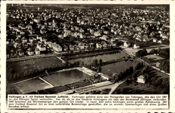 Ak Vaihingen an der Enz, buitenzwembad Rosental, luchtfoto, geschiedenis van Vaihingen, zwembad, prachtig landschap