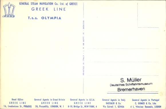 Parowiec KP Olympia, linia grecka