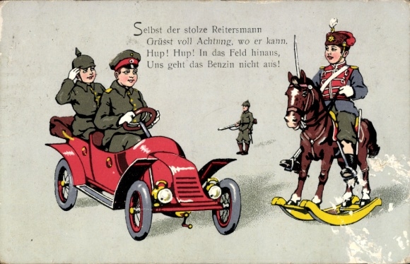 Litho Selbst der stolze Reitersmann grüßt voll Achtung wo er kann, Kinder in Uniform