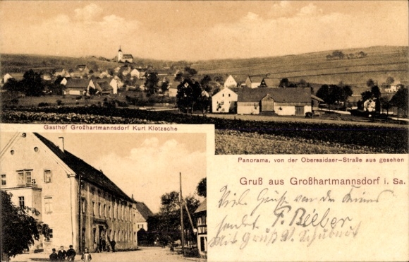 Postcard Großhartmannsdorf in the Erzgebirge, general view, Gasthof Großhartmannsdorf