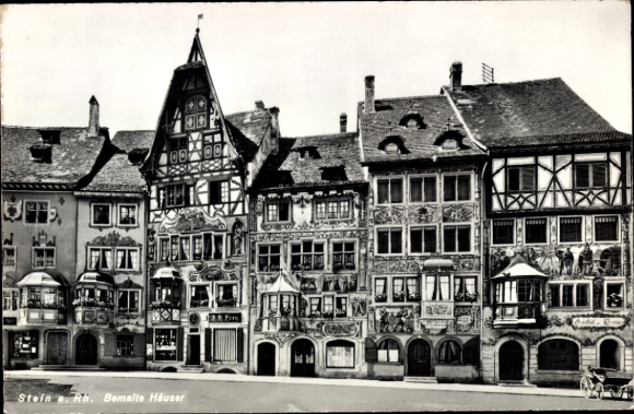 KP Stein am Rhein, kanton Schaffhausen, malowane domy, architektura, czarno-białe zdjęcie