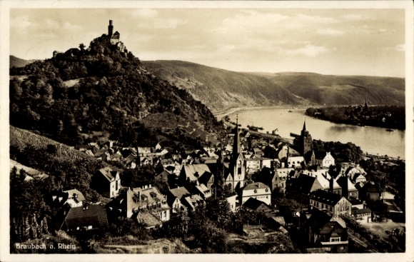 Postcard Braubach am Rhein, view of Braubach, Rhine, castle ruins, Rhine river, churches