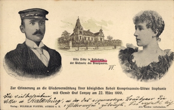Postcard Remarriage of Crown Princess Dowager Stephanie with Count Elemer Lonyay, Villa Zichy