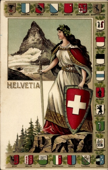 Präge Wappen Litho Helvetia, Schweiz, Matterhorn, Kantonalwappen