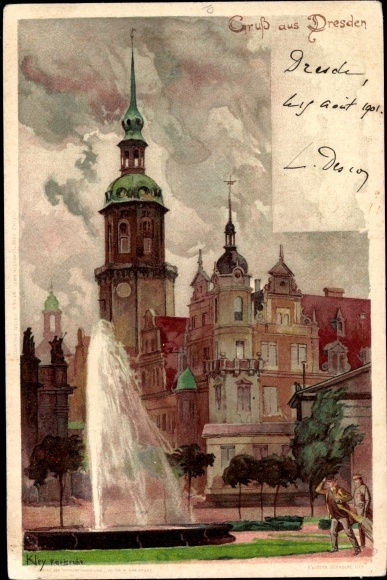Artist Chromo-Litho Kley, Dresden old town, royal palace, fountain