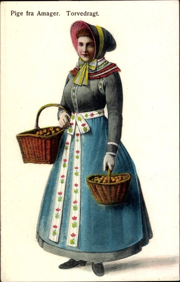 Postcard Amager, Woman in Danish costume, folk costume, baskets