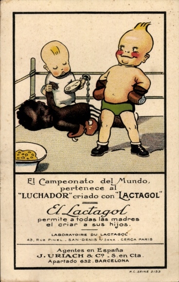 Artist Postcard El Campeonato del Mundo, consisting of “LUCHADOR” with “LACTAGOL”, children in the boxing ring