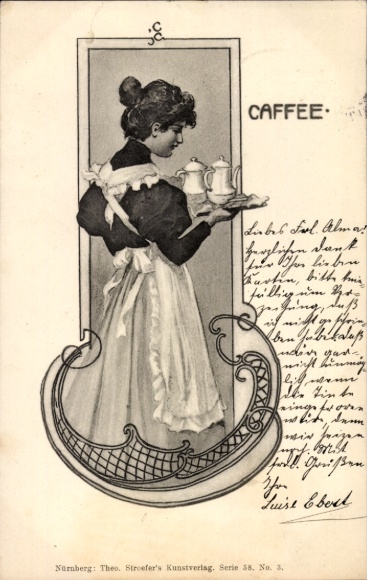 Postcard Young woman brings coffee, coffee cup, coffee pot