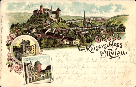 Litho Mylau Reichenbach im Vogtland, Kaiserschloss, Oberer Hof, Rathaus