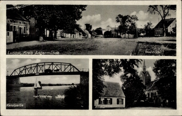 Postcard Lunow Stolzenhagen in the district of Angermünde, village street, canal, bridge, church