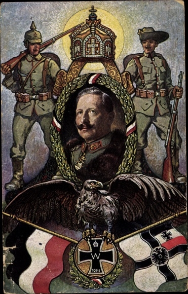Artist PC Kaiser Wilhelm II, colonial war thanks, soldiers, flags, eagles