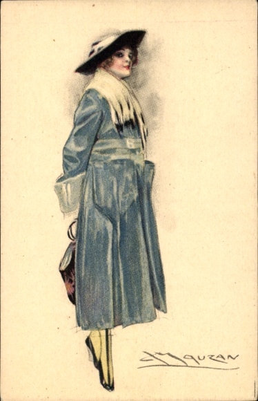 Artist Postcard Mauzan, woman in blue dress, handbag, hat, scarf