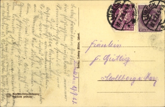Stone print Postcard Lübeck, Old warehouses on the Trave