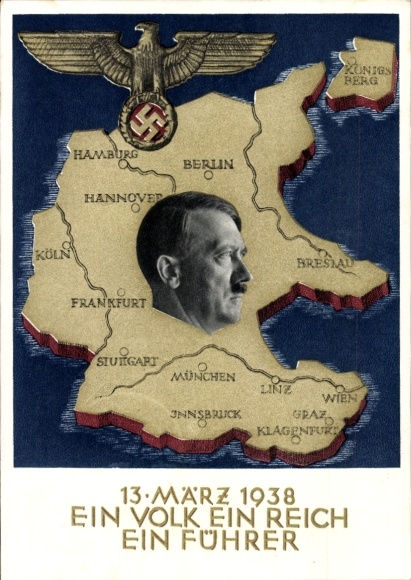 Postal stationery Postcard Klein, One people, one Reich, one Führer, Anschluss of Austria 1938, Greater Germany