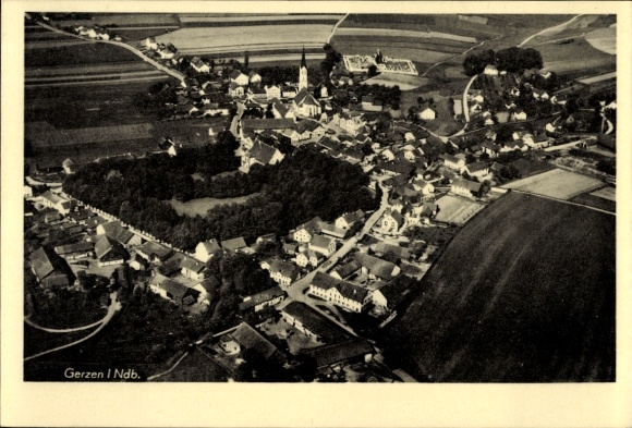 Postcard Gerzen in Lower Bavaria, aerial view of village landscape, houses, church