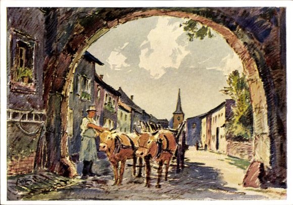 Künstler Ak Graf, Karl, Berus bei Saarlautern, alte Römersiedlung, Bauer mit Rindergespann am Tor